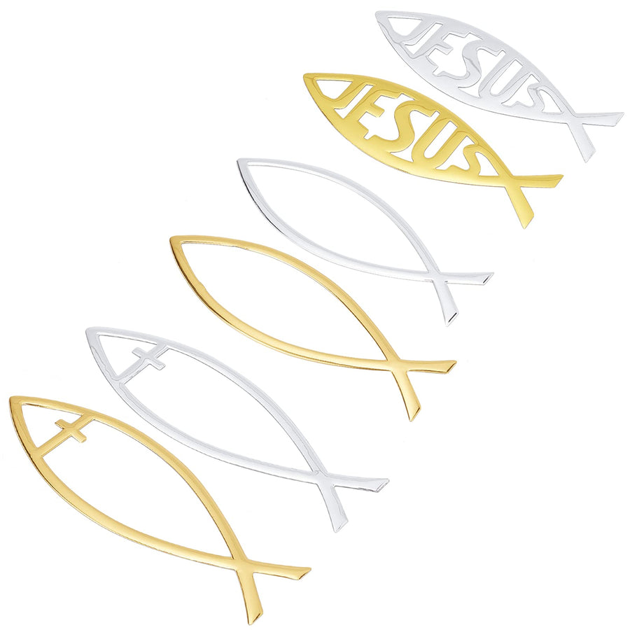 6pcs 6 Styles Jesus Fish Decal Sticker PVC Fish Car Emblem Religious God Jesus Christian Fish Cross Symbol Gold Sliver for DIY Car Decoration 5.9x2inch