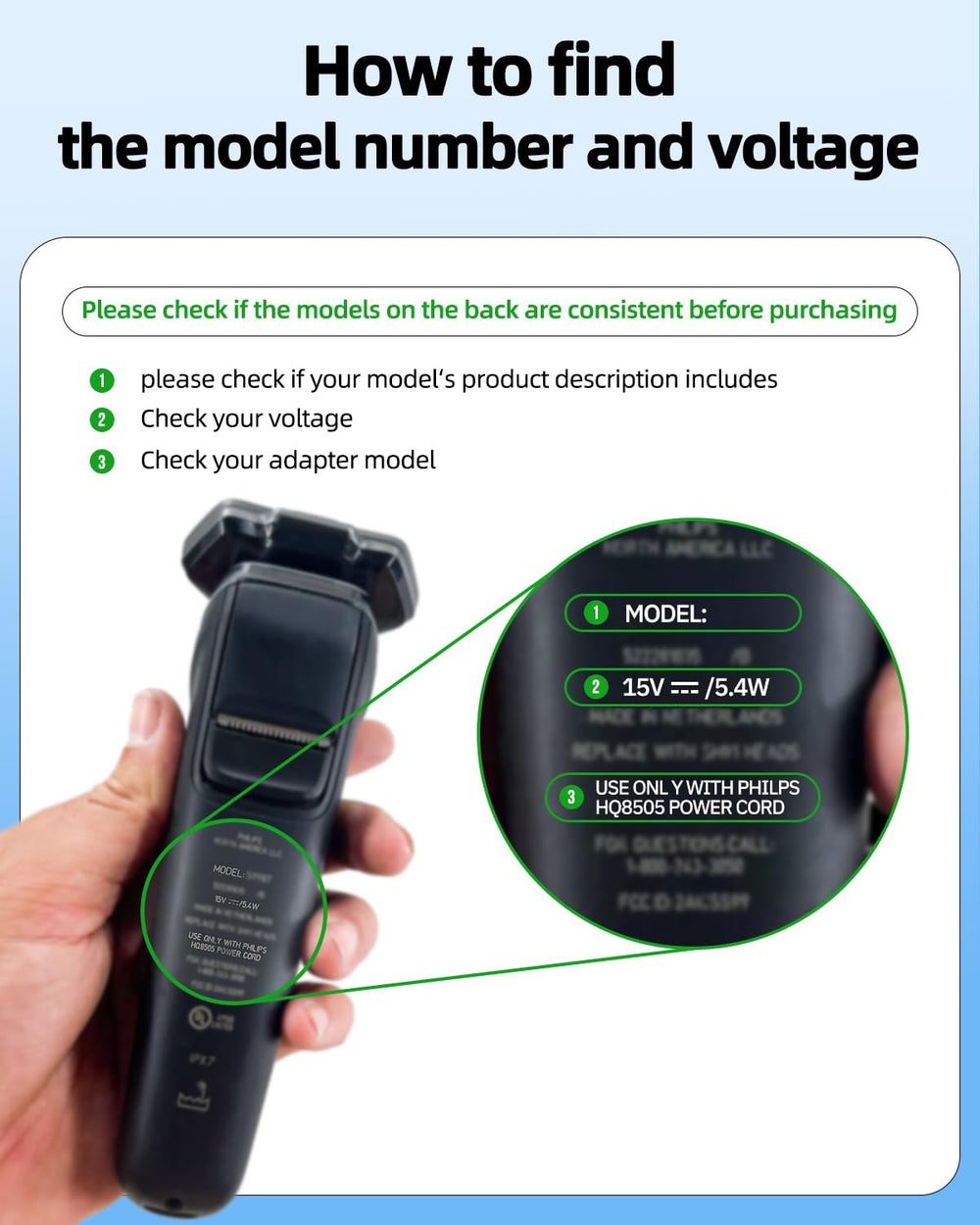 15v Charger Cord for Philips Norelco HQ8505 Series 7000 5000 3000 9000 2000 MG5750 MG7750 Phillips Electric Shaver Razor Aquatec Arcitec Multigroom Beard Trimmer Charging Adapter Power Supply