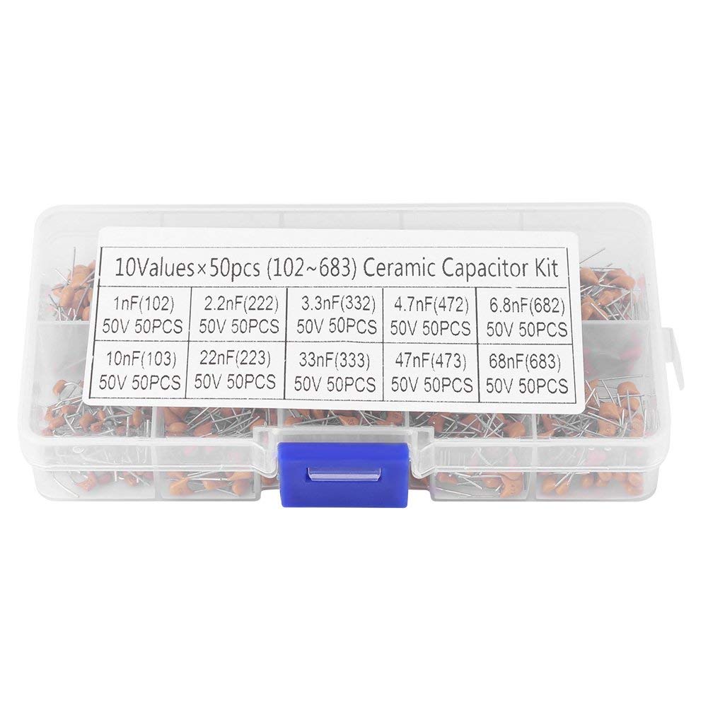 500pcs 10 Values 50V Multilayer Monolithic Ceramic Capacitor Assortment Kit Set 1nF/ 2.2nF/ 3.3nF/ 4.7nF/ 6.8nF/ 10nF/ 22nF/ 33nF/ 47nF/ 68nF
