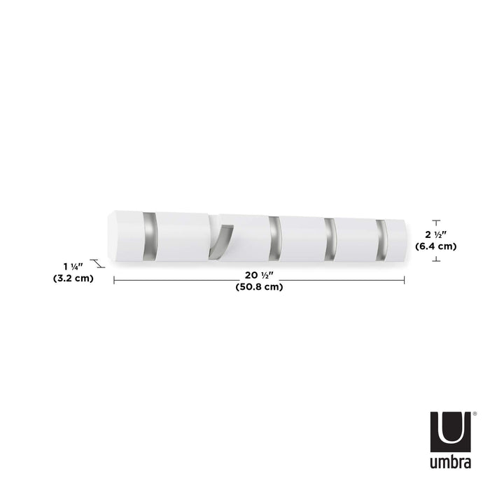 Flip Wall-Mounted Coat Rack Rail Hook for Hats, Jackets, Bags and More – Modern, Space-Saving Storage Organizer for Entryway, Mudroom, Closet, Bathroom, Bedroom, Kids Room, or Nursery, 5 Hooks, White/Nickel