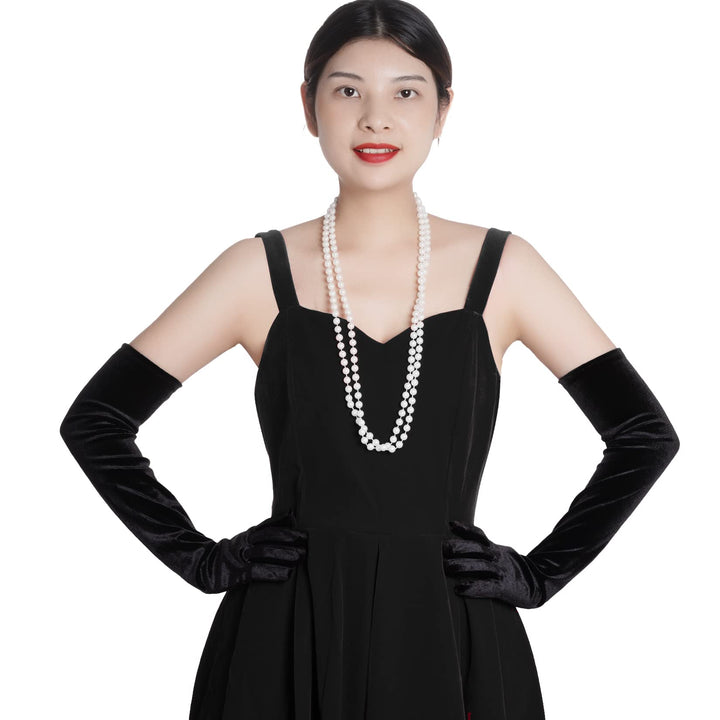 Women Long Velvet Gloves for Women Elbow Length 1920s Opera Costume Flapper Evening Banquet Party (Black)