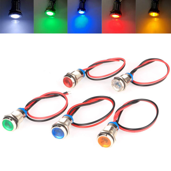 5pcs 10mm AC/DC 12-24V LED Metal Indicator Light Waterproof Signal Lamp Pilot Dash Directional Car Truck Boat with Wire