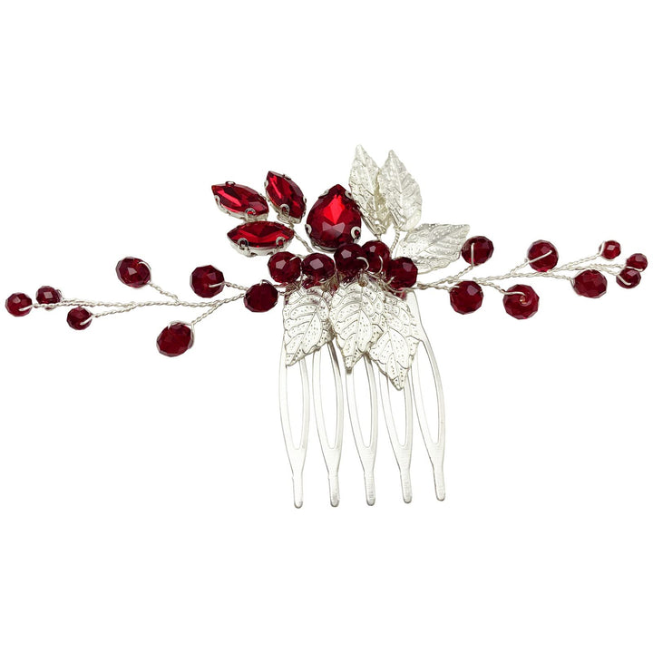 Bridal Hair Comb Emerald Green Crystal Gold Leaf Vine Hair Piece Accessories for Wedding Bride Women Party (Wine Red)