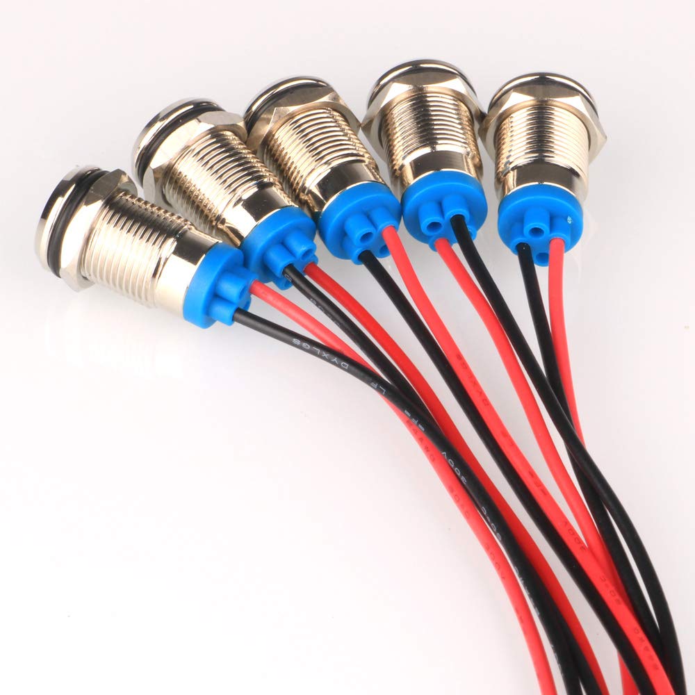 5pcs 10mm AC/DC 12-24V LED Metal Indicator Light Waterproof Signal Lamp Pilot Dash Directional Car Truck Boat with Wire