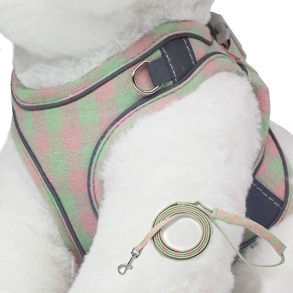Reflective Dog Harness Basic Plaid Soft Chest Vest for Kitties Puppy Small Pets 150cm Leash with Easy Control Handle XS