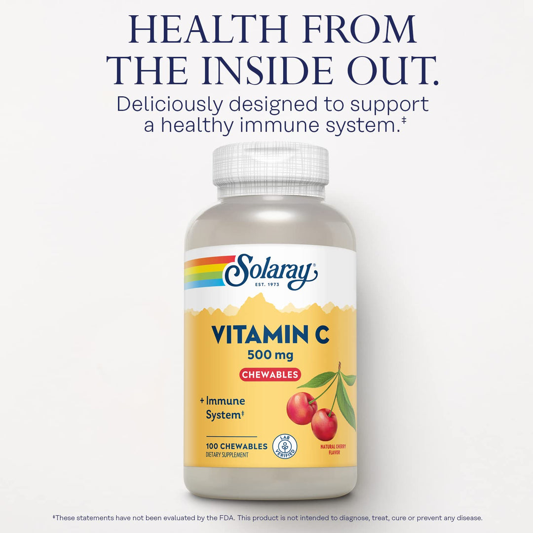 Chewable Vitamin C 500 mg, Natural Cherry Flavor with Natural Sweeteners, Antioxidant and Immune Support Supplement with Whole Food Base, 60-Day Guarantee, 100 Servings, 100 Chewables