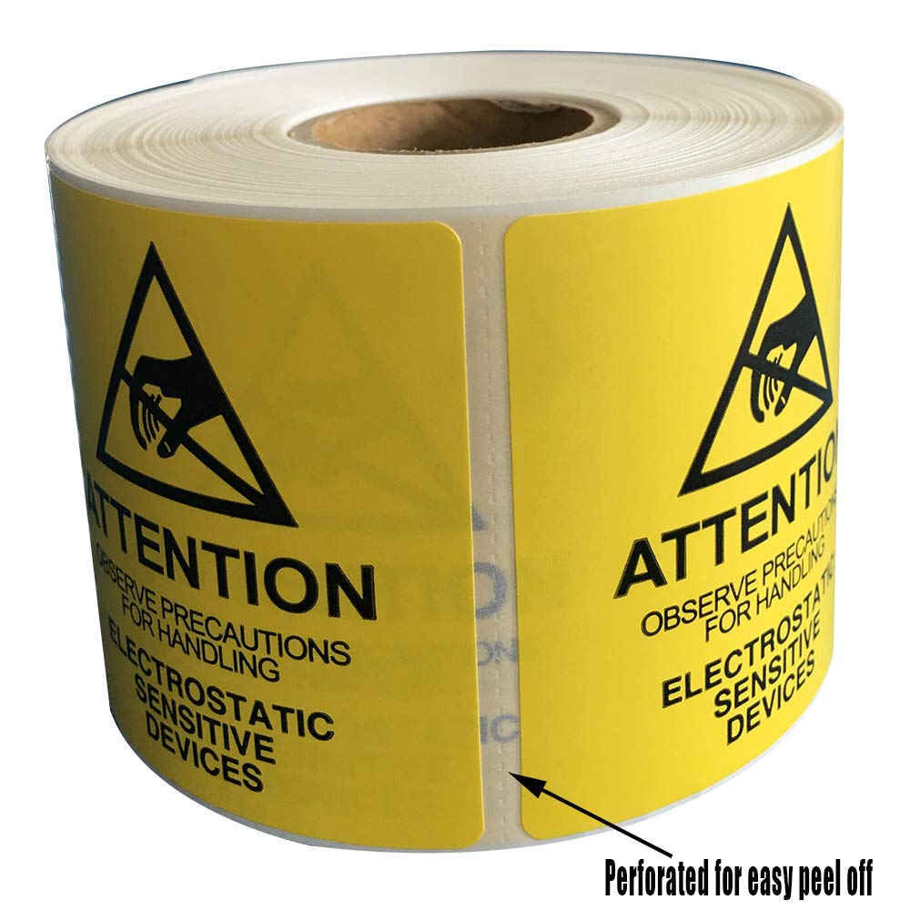 Self Adhesive Static Warning Sticker Label, Attention - Observe Precautions for Handling - Electrostatic Sensitive Devices, 2x2 Inches Anti-Static ESD Label Perforated, 500 per Roll