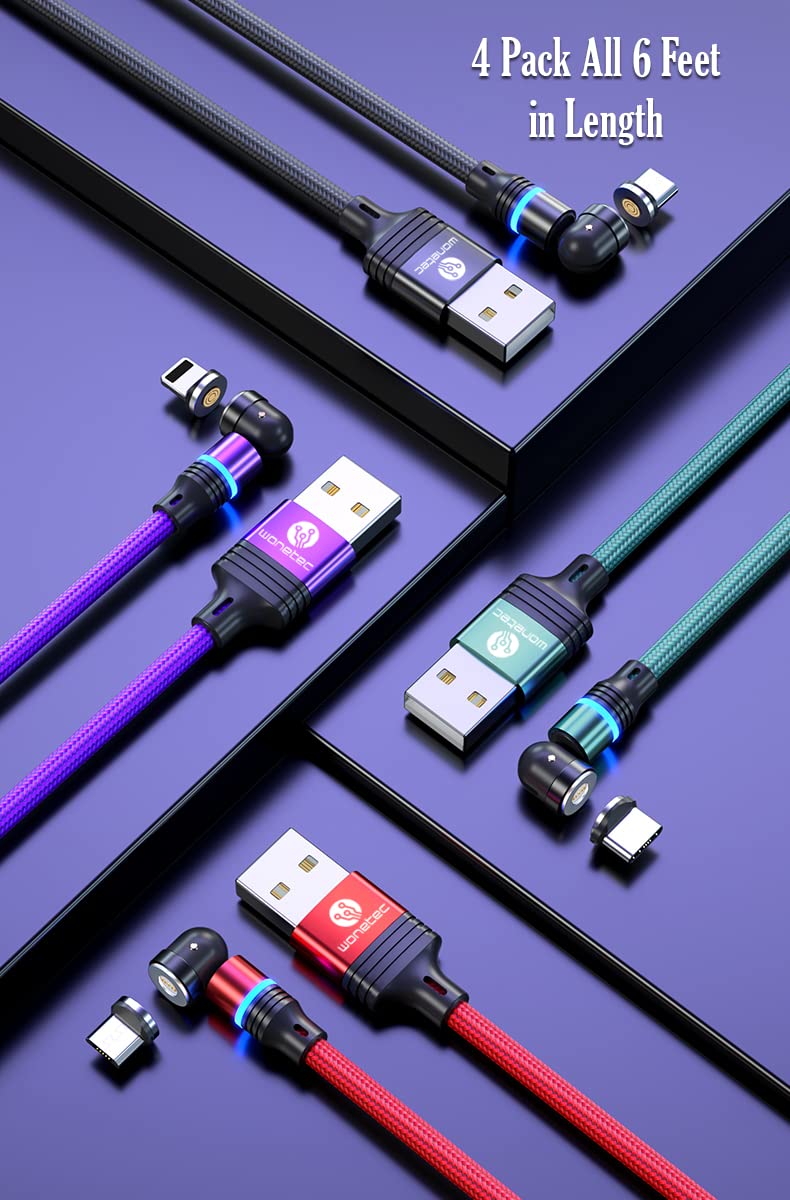 Magnetic 3-in-1 Data/Charging Cable (4-Pack), 540 Degree Rotation with Storage Compartment. Compatible with Type-C, iProducts, Micro-USB, 4 Pack (Red, Purple, Black & Green (All 6 Feet).