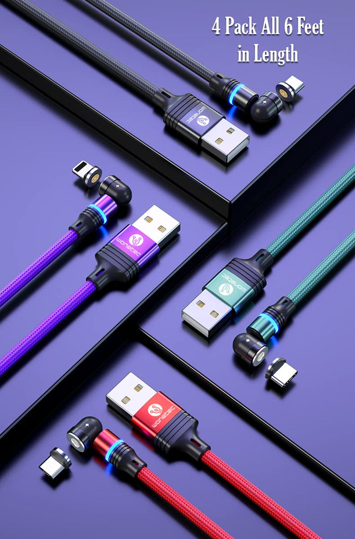Magnetic 3-in-1 Data/Charging Cable (4-Pack), 540 Degree Rotation with Storage Compartment. Compatible with Type-C, iProducts, Micro-USB, 4 Pack (Red, Purple, Black & Green (All 6 Feet).