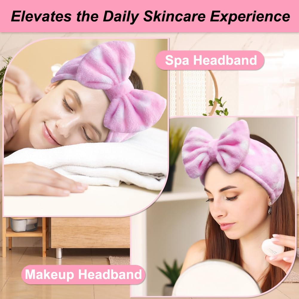 Women Fashion Lovely Soft Carol Fleece Bowknot Bow Makeup Cosmetic Shower Elastic Hair Band Hairlace Headband (pink polka dots)