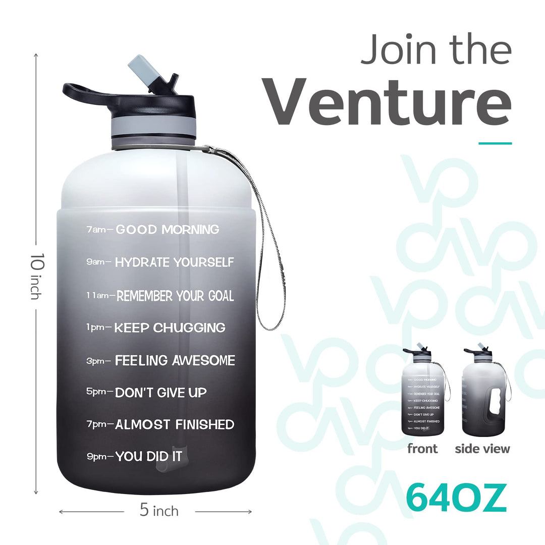 Half Gallon Water Bottle with 2 Lids, Large 64 oz Water Jug with Motivational Time Marker to Ensure You Drink Enough Water-White/Gray Gradient