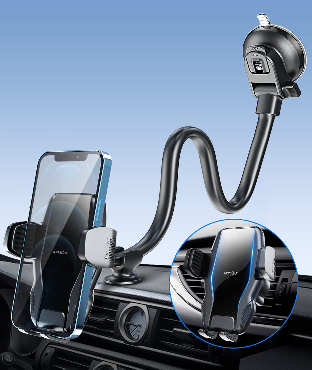 Phone Holder for Car Windshield/Dashboard/Window, Cell Phone Mount for Car Truck, Compatible with iPhone, Samsung, Google, LG and More