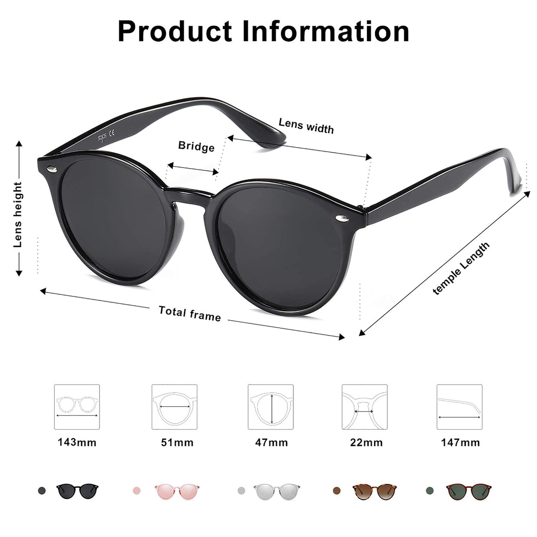 Retro Round Polarized Sunglasses for Women Men Classic Vintage Sunnies SJ2069, Black/Grey