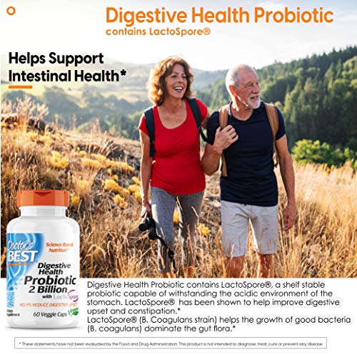 Doctor's Best Digestive Health Probiotic 2 Billion with Lactospore, Non-GMO, Vegan, Gluten Free, Soy Free, 60 Veggie Caps (DRB-00464)