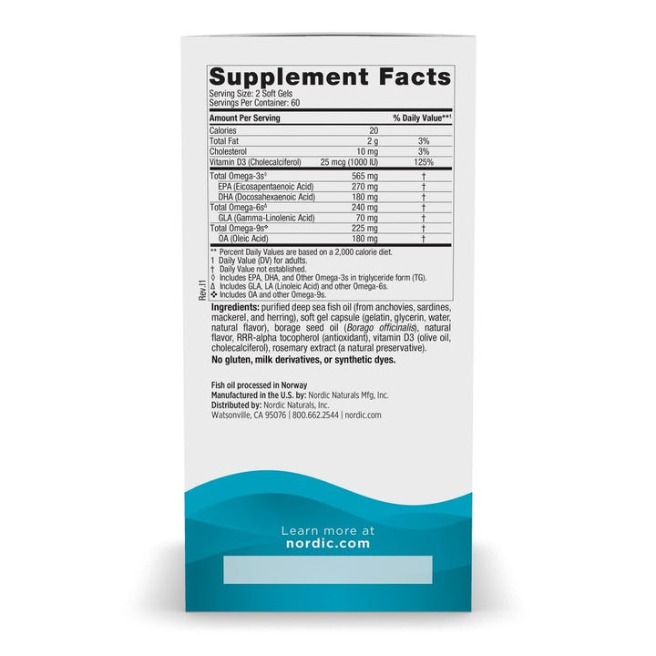 Complete Omega-D3, Lemon Flavor - 120 Soft Gels - 565 mg Omega-3 + 70 mg GLA + 1000 IU Vitamin D3 - EPA & DHA - Healthy Skin, Cognition, Positive Mood - Non-GMO - 60 Servings