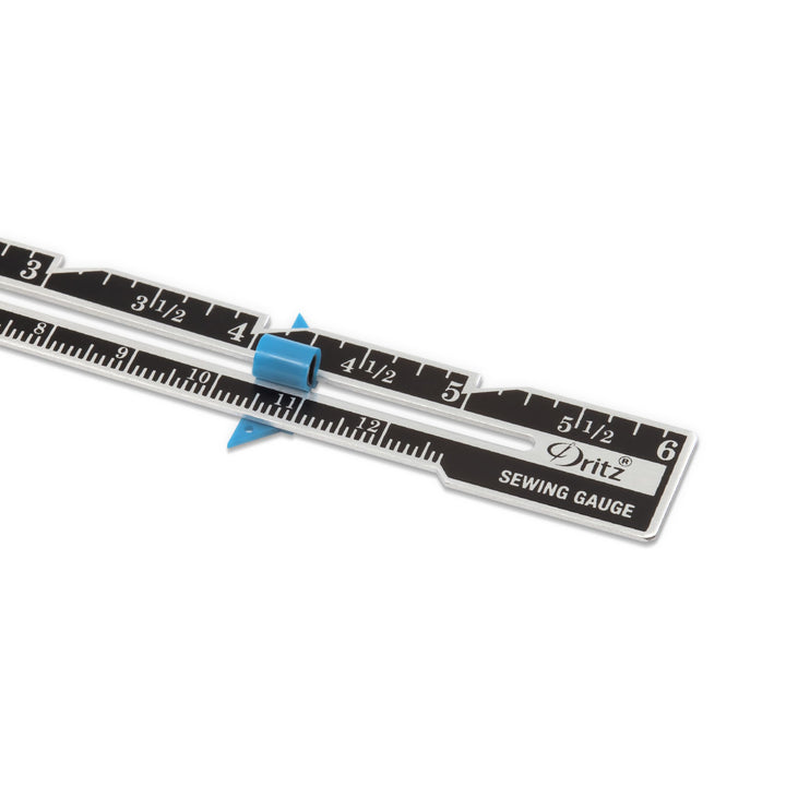 6 Sliding Marker Sewing Gauge, Nickel with Black Printing and Blue Slider