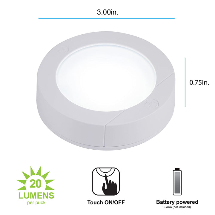 Wireless LED Puck Lights, Battery Operated, 20 Lumens, Touch Light, Tap Light, Stick on Lights, Under Cabinet Light, Ideal for Kitchen Cabinets, Closets, Garage 2 Pack, 25434