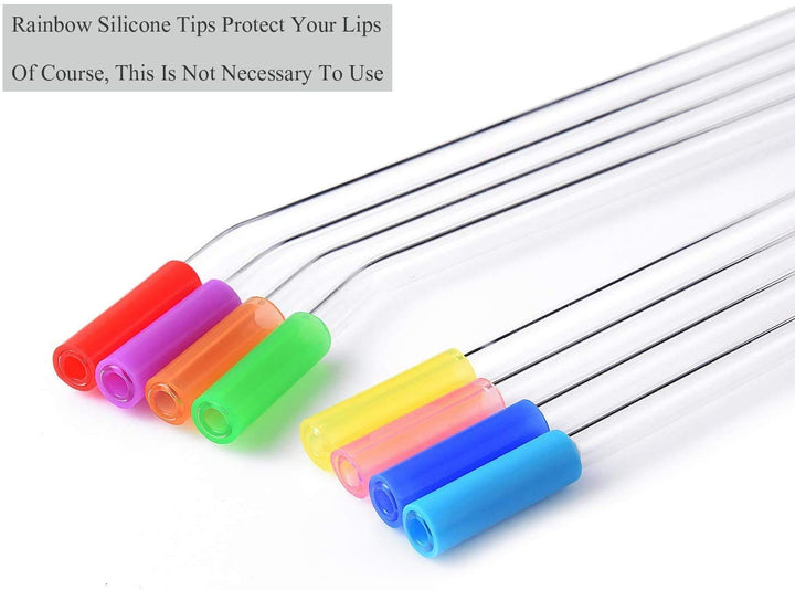 8-Pack Slim 7mm Glass Straws, Reusable Clear Drinking Straws for 20 oz 30 oz RTIC/YETI Tumblers, Tervis, Starbucks Cups, Mason Jars with 2 Cleaning Brush & 8 Silicone Tips