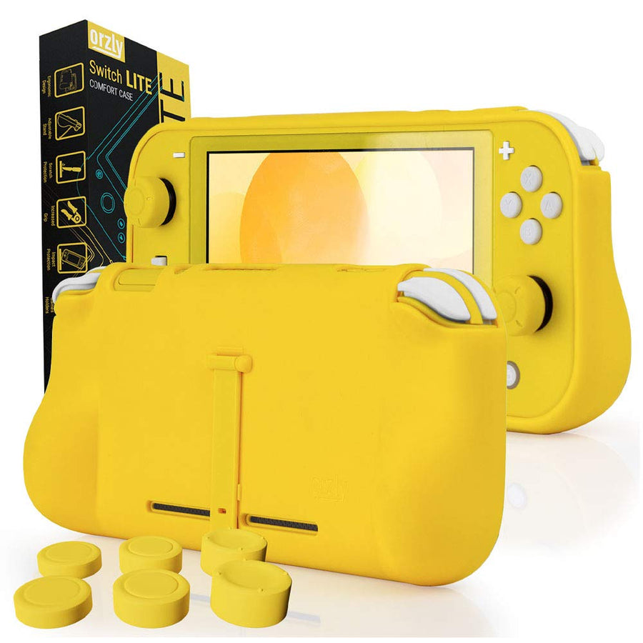Grip Case for Nintendo Switch Lite – Case with Comfort Padded Hand Grips, Kickstand, & Pack of Thumb Grips - Yellow