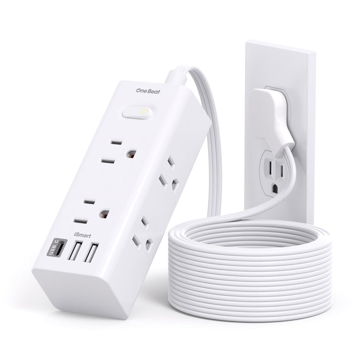 10Ft Extension Cord with Multiple Outlets,Flat Plug Power Strip Surge Protector with 10 Ft Long Cord,6 Outlet 3 USB Ports (1USB C),Multi Outlet Wall Plug for Travel,College,Dorm Essentials