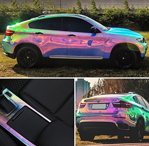 AuMoHall Holographic Laser Blue Car Vinyl Wrap Gloss Color Change DIY Air-Release Adhesive Film Rainbow Finish Roll, 53'' x 23.6''