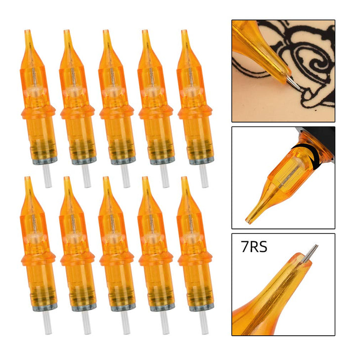 Tattoo Cartridge Needles, 10pcs 3RS 5RS 7RS 9RS Round Shader Disposable Tattoo Needle for Pen Rotary Machine Tattoo Supplies (Yellow 7RS 10pcs)