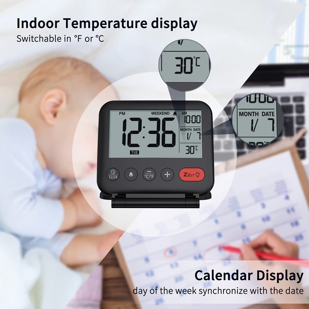 Digital Travel Alarm Clock for Bedroom Office: Small LCD Desk Clock with Backlight Date Temperature Snooze 12/24H Weekend Mode and Mirror, Battery Powered Folding Bedside Clock for Adult Kids