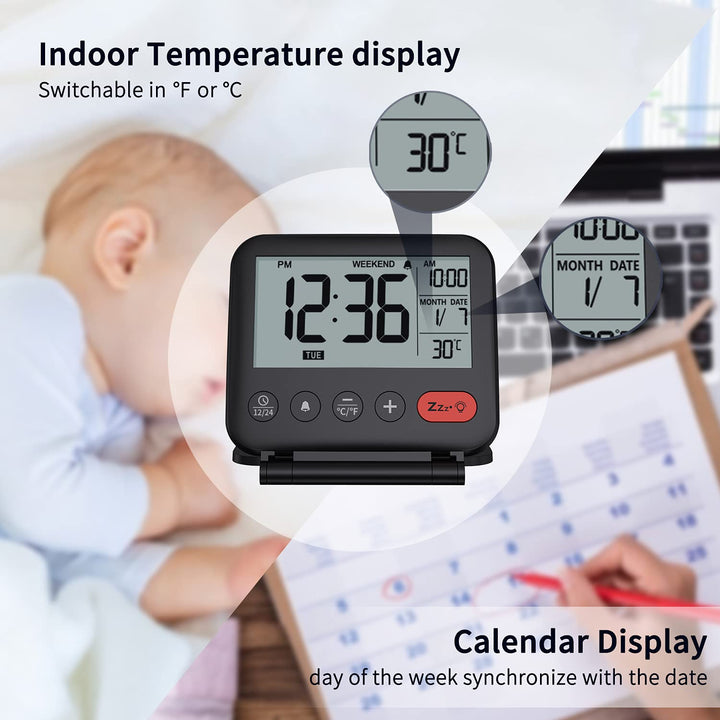 Digital Travel Alarm Clock for Bedroom Office: Small LCD Desk Clock with Backlight Date Temperature Snooze 12/24H Weekend Mode and Mirror, Battery Powered Folding Bedside Clock for Adult Kids