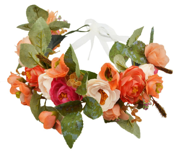 Rose Flower Crown Boho Flower Headband Hair Wreath Floral Headpiece Halo with Ribbon Wedding Party Festival Photos Orange