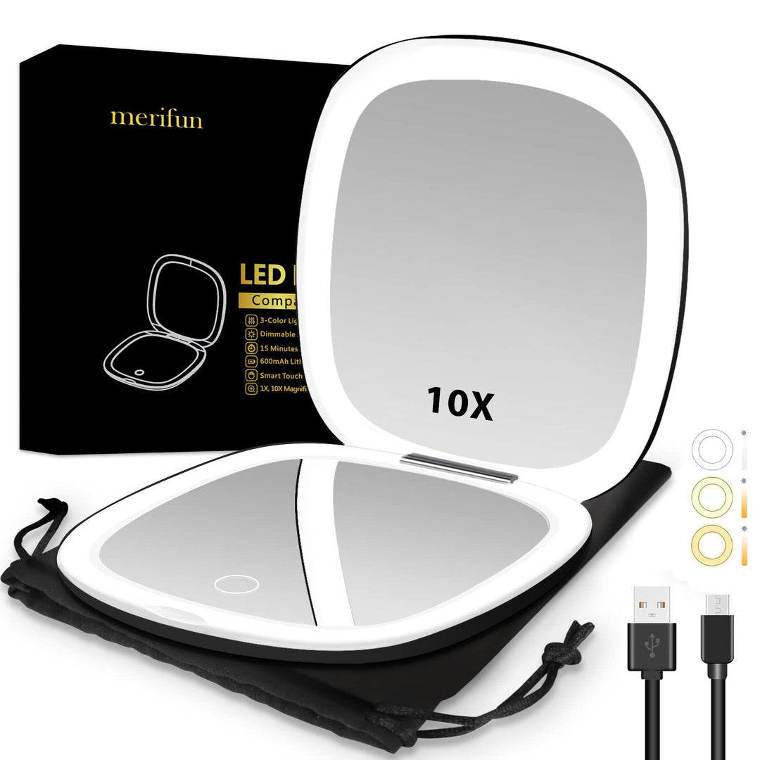 Compact Mirror with Light, Lighted Travel Makeup Mirror 1x/10x Magnifying- 56 LED Lights, Touch Sensor, 3 Colors & Brightness Dimmable- Magnetic Closure, Rechargeable (Black)