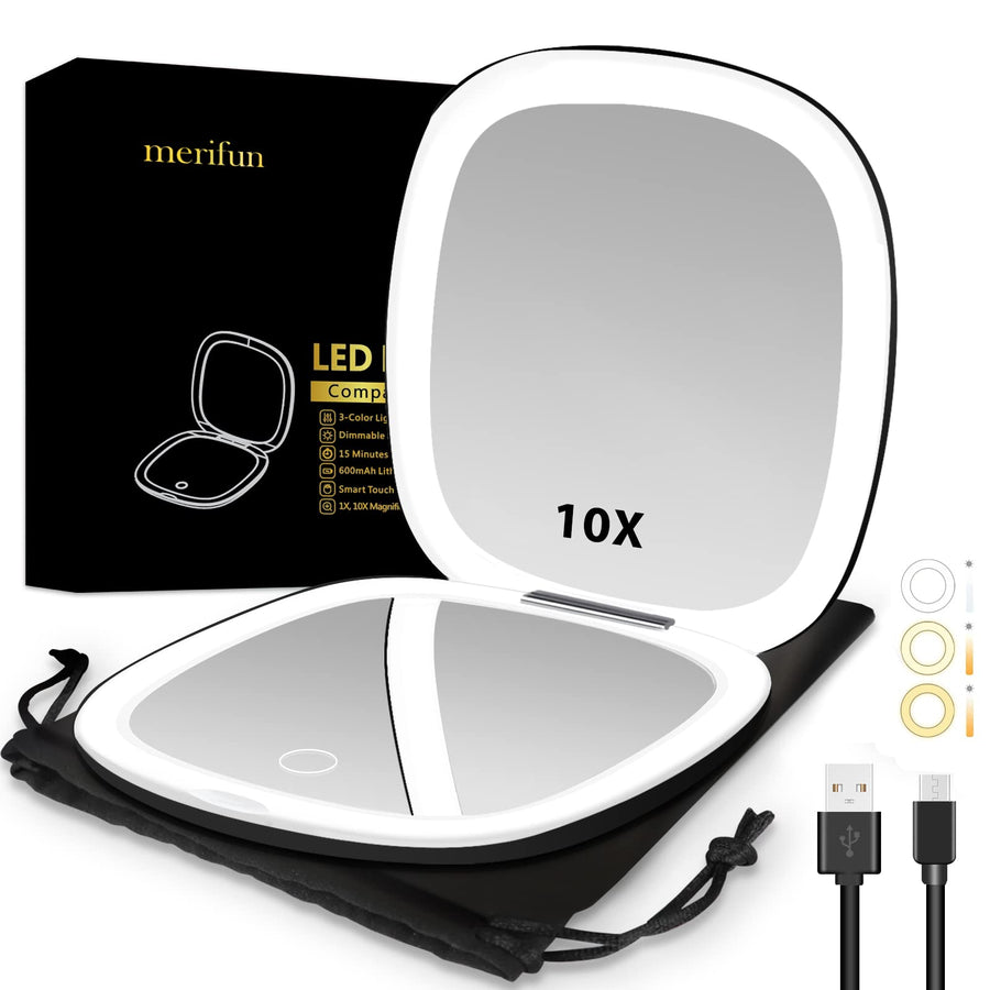 Compact Mirror with Light, Lighted Travel Makeup Mirror 1x/10x Magnifying- 56 LED Lights, Touch Sensor, 3 Colors & Brightness Dimmable- Magnetic Closure, Rechargeable (Black)