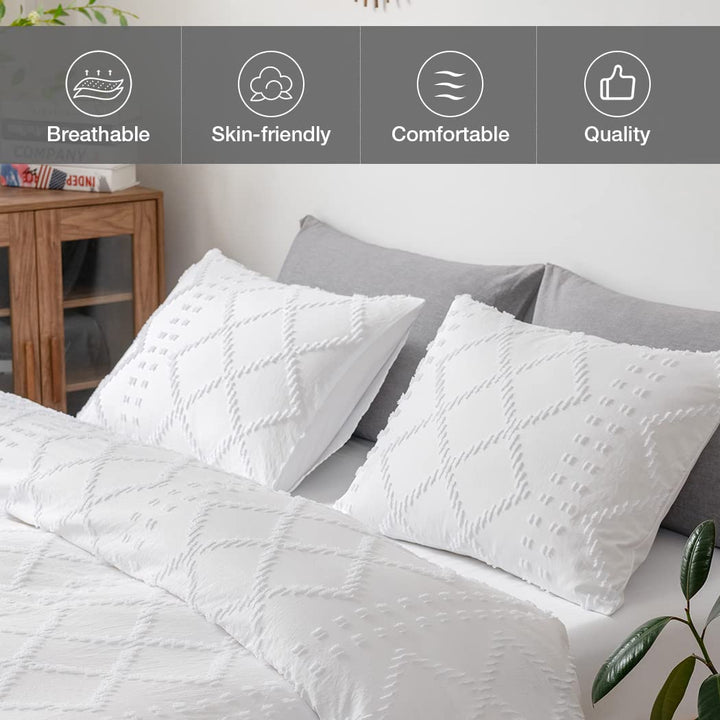 Duvet Cover Set, Boho Tufted Queen Size Bedding Set, White Embroidery Shabby Chic Breathable Ultra Soft Duvet Cover Set (1 Duvet Cover 90x90 inches + 2 Pillowcases)
