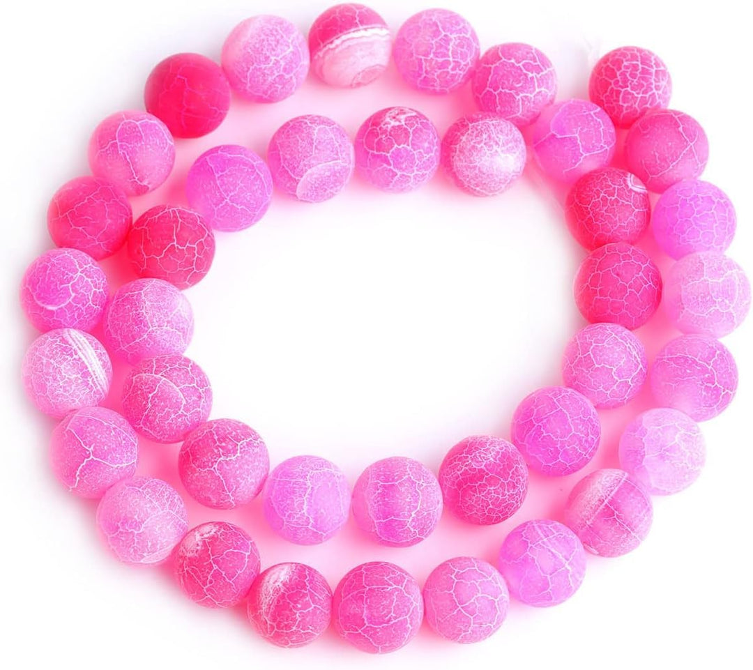 45pcs 8mm Fuchsia Frosted Agate Beads Unpolished Cracked Matte Round Loose Gemstone Beads for Jewelry Making DIY Bracelet Necklace