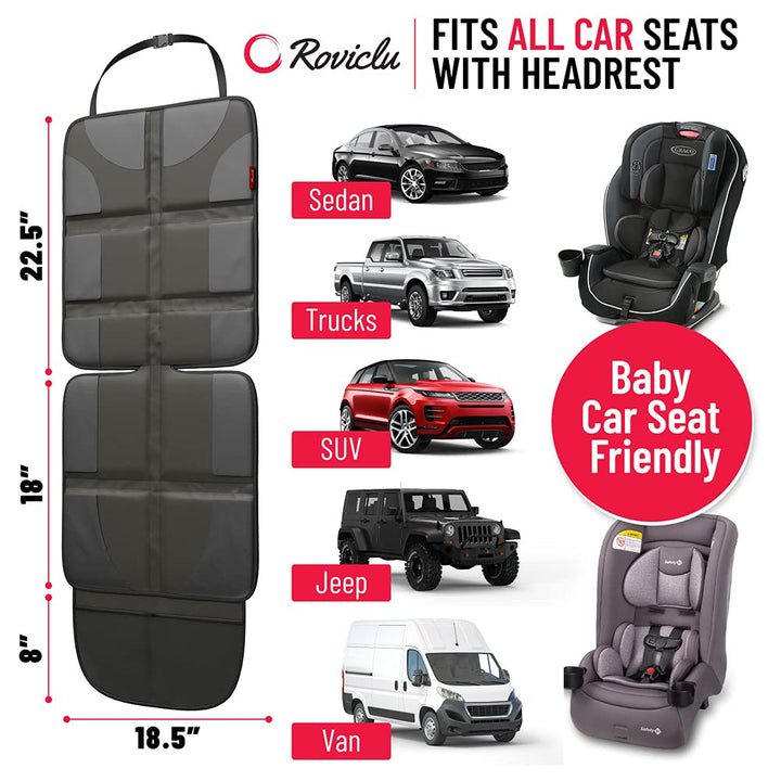 Car Seat Protector for Child Baby with Thickest Padding, Leather car seat Protection mat for Vehicles with Non-Slip Back Pad 8 Waterproof Layers, Mesh Storage Pockets, Universal (Black)