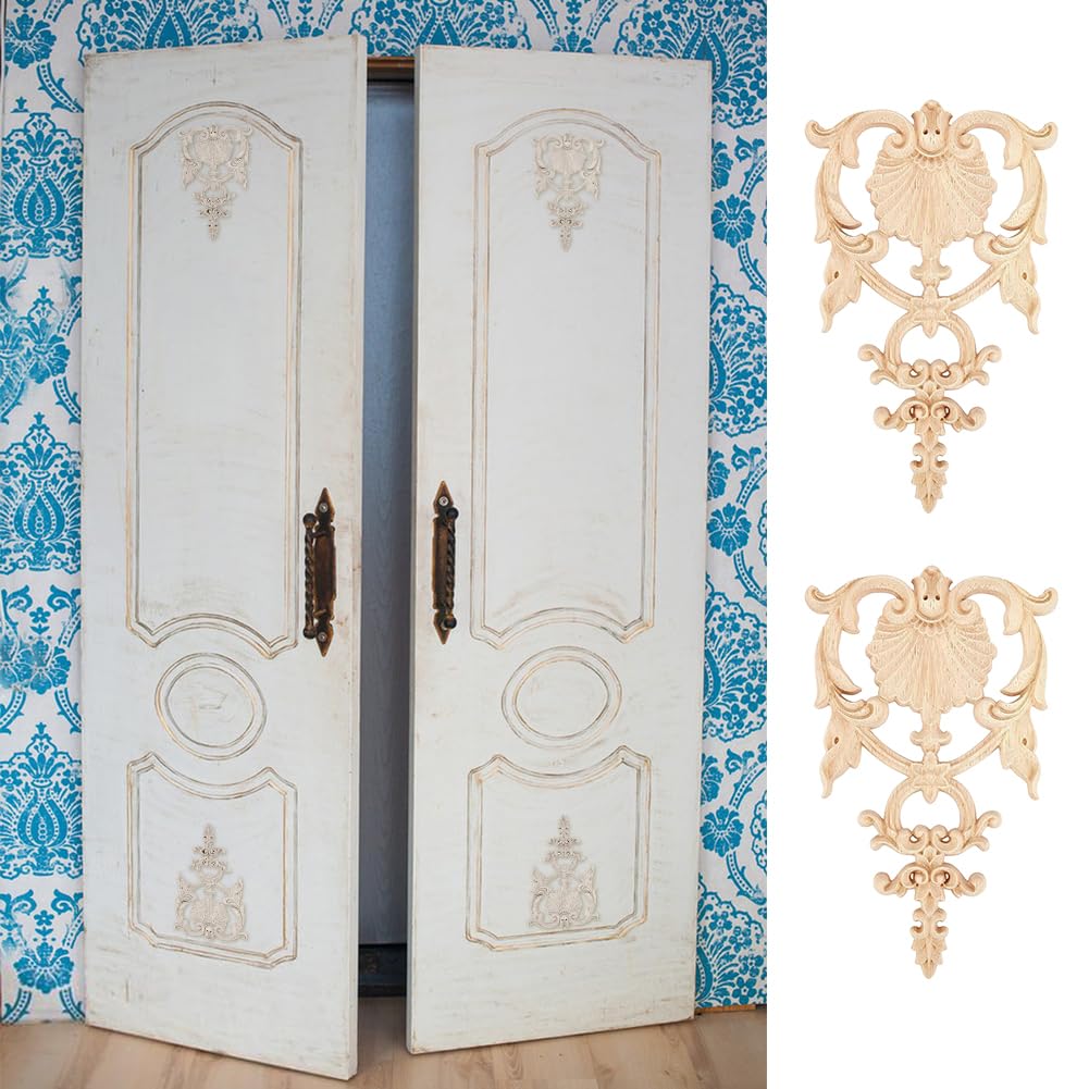 2PCS Carved Wood Appliques Onlays Wooden Decal Corner Frame 7.5x4.6inch Unpainted Wooden Onlay Wood Carving Appliques ffor Furniture Cabinet Dresser Bed Wall