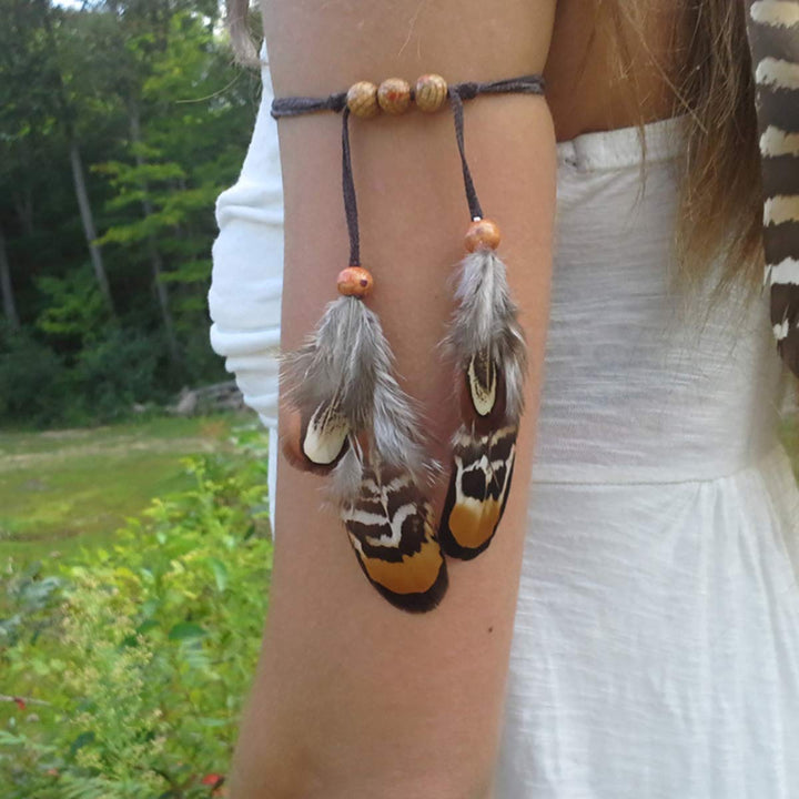 Set of 2 Gypsy Hippie Feather Headband Headdress and Armband Bohemian Headwear Headpiece Handmade Tribal Indian Fascinator Feather Hairband Hair Accessories for Women Lady (A#)