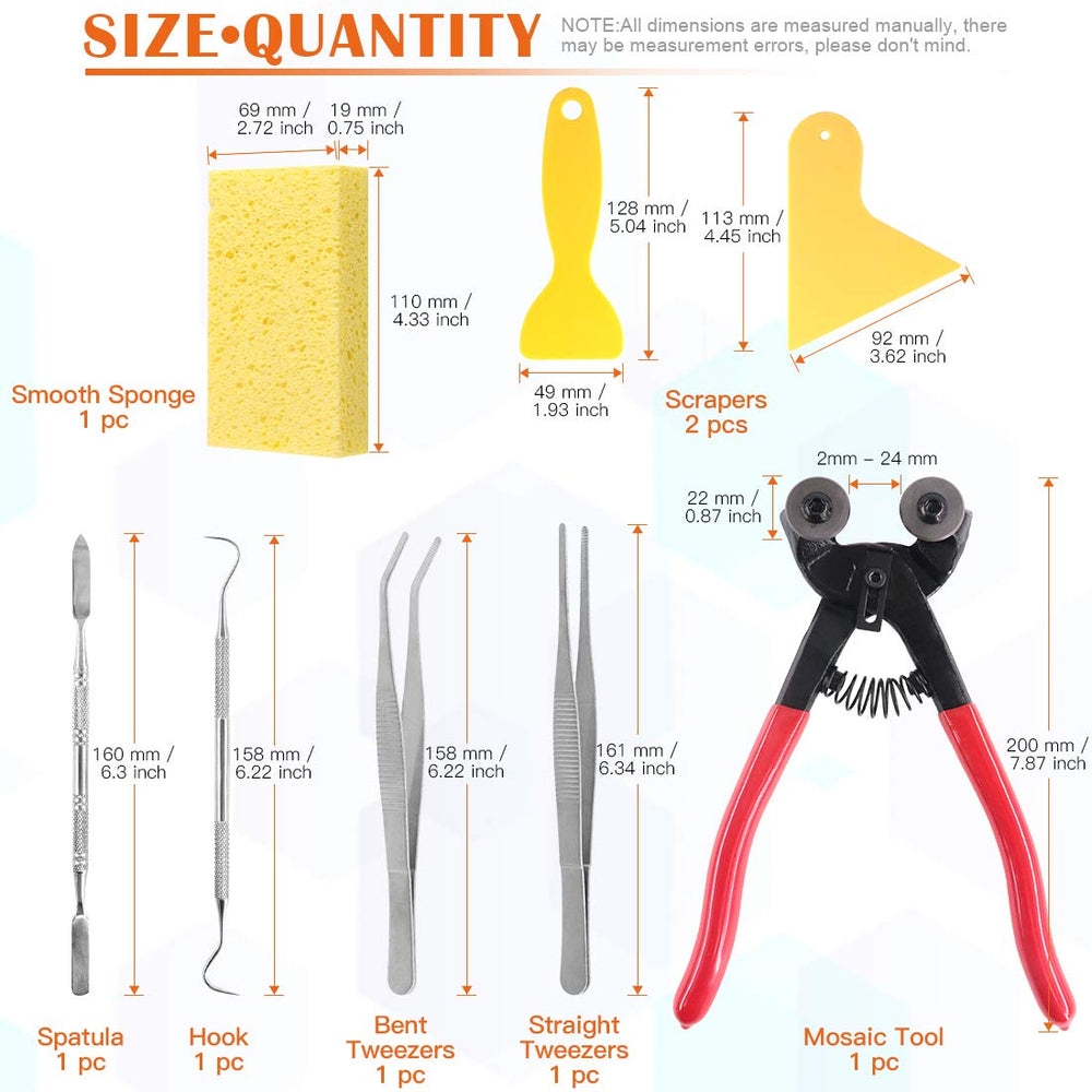 8 Pieces Mosaic Tools Set Including 200mm Heavy Duty Glass Mosaic Cut Nippers, 2 Scrapers, 2 Tweezers, 1 Double-EndedHook, 1 Spatula, 1 Sponge
