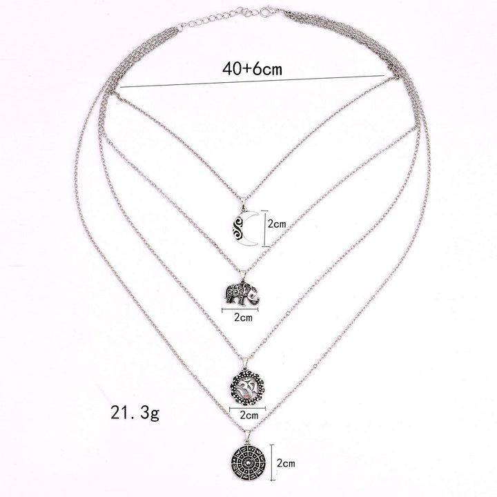 Boho Multi layer Silver Long Necklace for Women and Teen Girls with Moon Elephant Rune Pendant Choker Party Jewelry