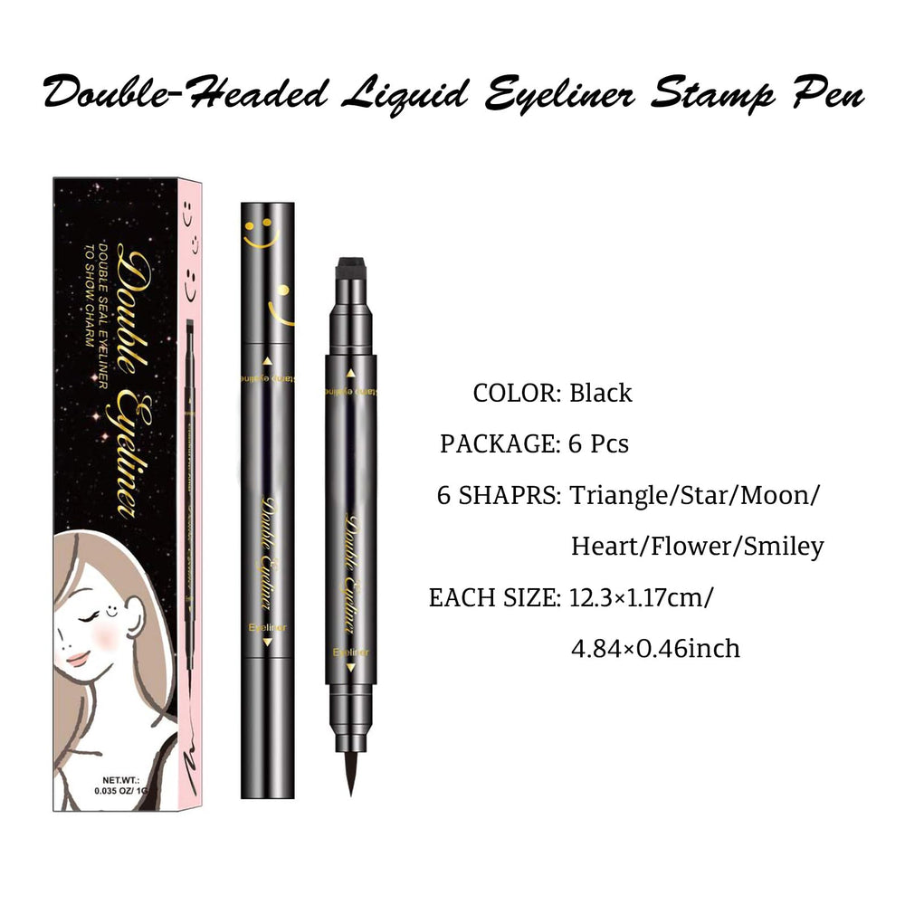 6 Pcs Double-Side Liquid Eyeliner Stamp Pen Set, Eye Liners for Women Waterproof Eyeliner Pencil Black Eye-liner Stencils Long-Lasting Tattoo Makeup-Triangle,Star,Moon,Heart,Flower,Smiley