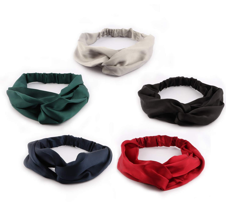 Women Girls Silk Satin Elastic Headbands Head Wrap Turban Twisted Knotted Hairband (Pack of 5)(Multiple colour)