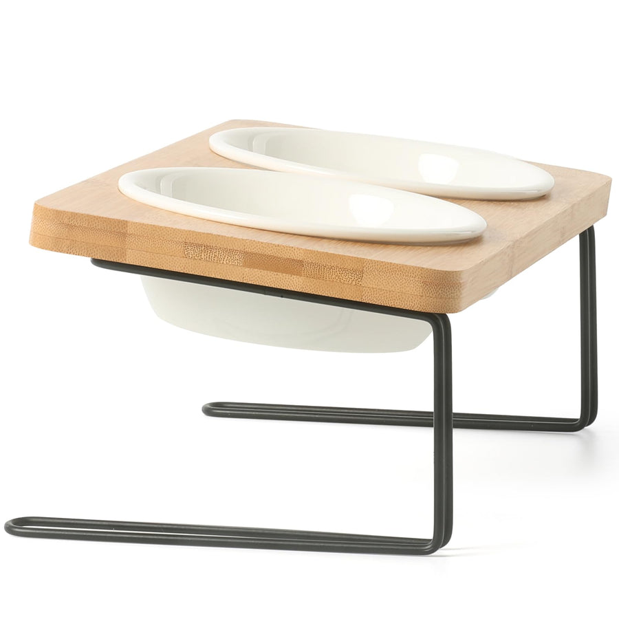 Elevated Cat Ceramic Bowls, Small Dog 15° Tilted Raised Food Feeding Dishes, Solid Bamboo Water Stand Feeder Set for Cats and Puppy