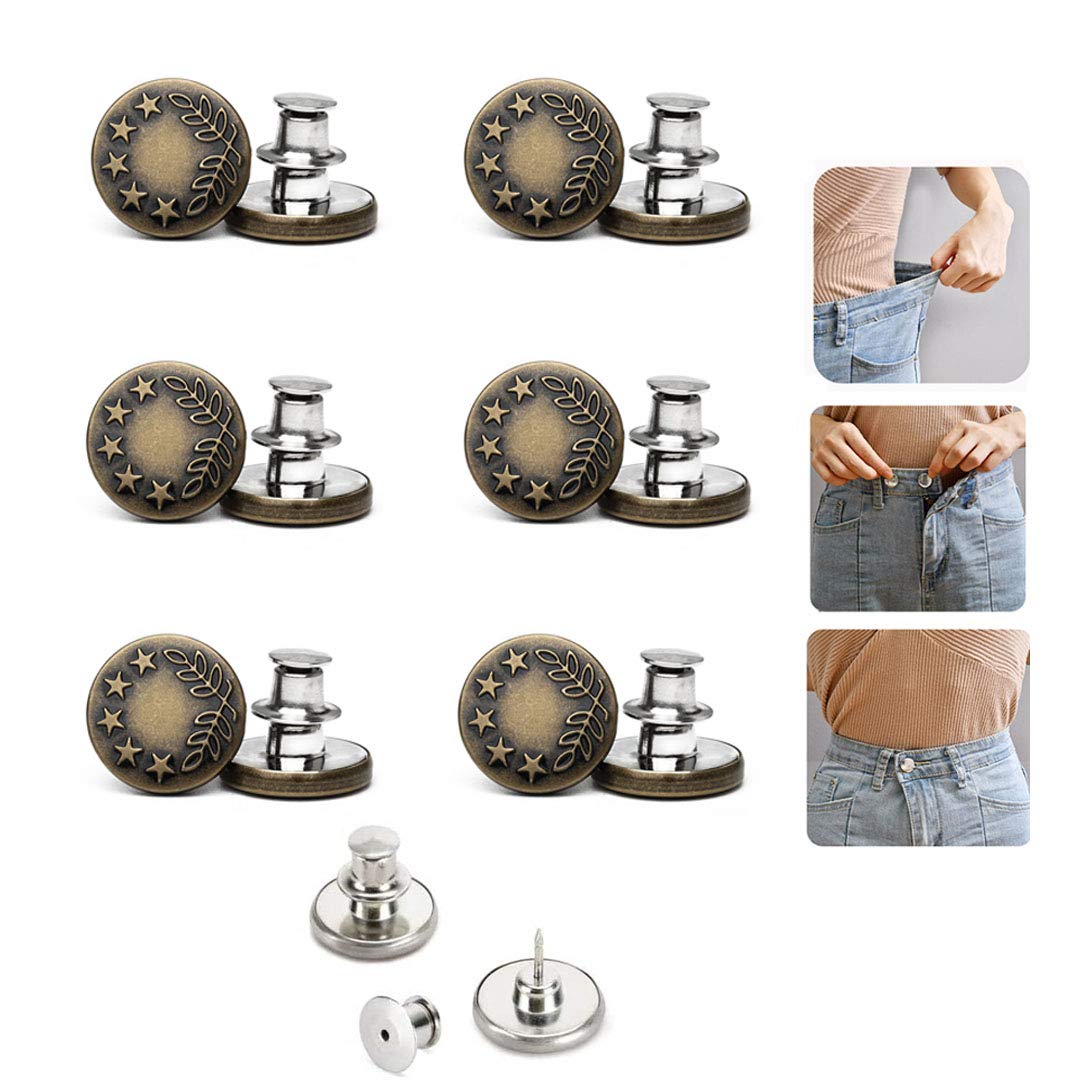 6PCS Perfect Fit Instant Button Pin, Instant jeans Buttons tightener, Jean Replacement Buttons Removable Button for loose jeans No Sew Buttons to Extend or Reduce an Inch to Any Pants Waist in Seconds