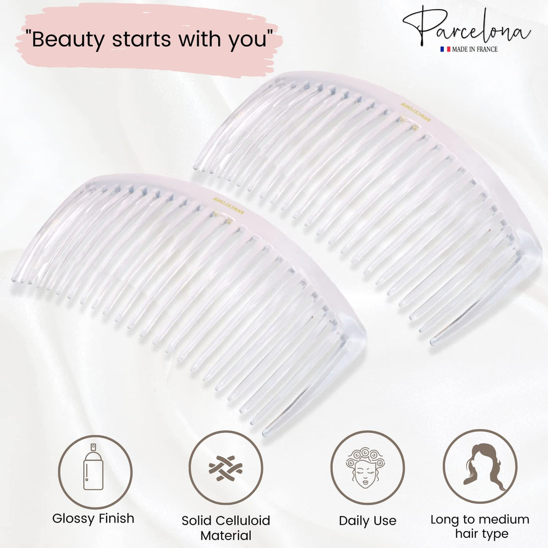 French Pair of Clear Crystal Color Large Glossy Cellulose Acetate Good Grip Updo 23 Teeth Hair Side Combs 4.25 Inches