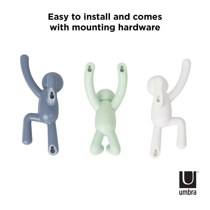 Buddy Wall Hooks – Decorative Wall Mounted Coat Hooks for Hanging Coats, Scarves, Bags, Purses, Backpacks, Towels and More, Set of 3, White/Grey/Mint