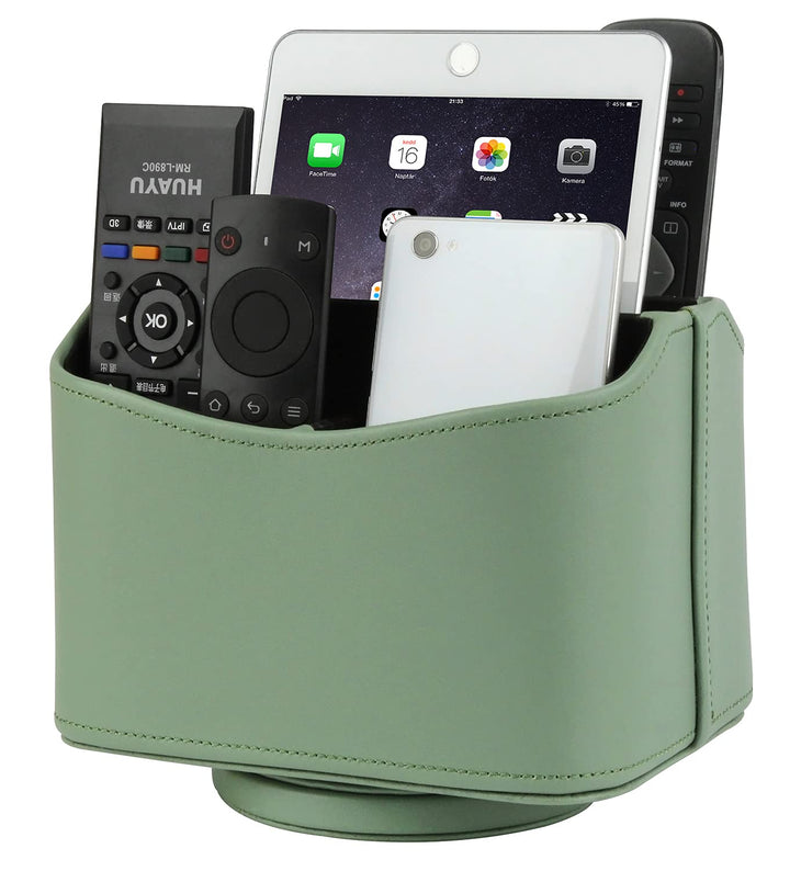 Spinning Remote Control Holder, Remote Caddy, 360 Degrees Rotatable Remote Control Organizer, Desktop Organizer Caddy Holder, PU Faux Leather (Light Green)