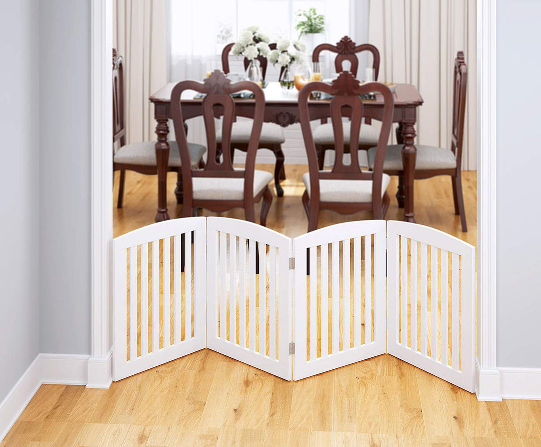 Wooden Freestanding Foldable Pet Gate for Dogs, 24 inch 4 Panels Step Over Fence, Dog Gate for The House, Doorway, Stairs, Extra Wide (White, 24 Height-4 Panels)