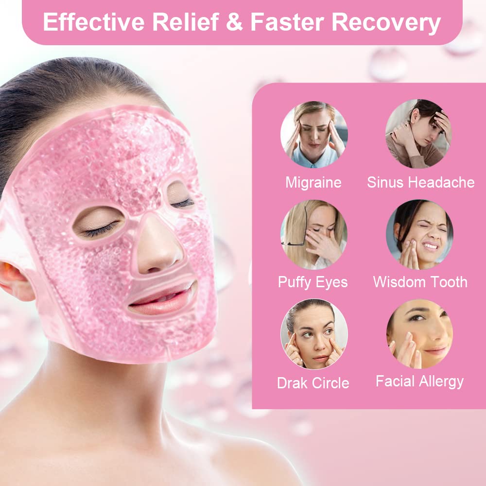 Ice Face Masks for Women, Hot Cold Therapy Gel Bead Full Facial Gel Mask Cold Eye Pack with Eye Hole & Plush Backing for Migraine Headache, Stress Relief - Pink
