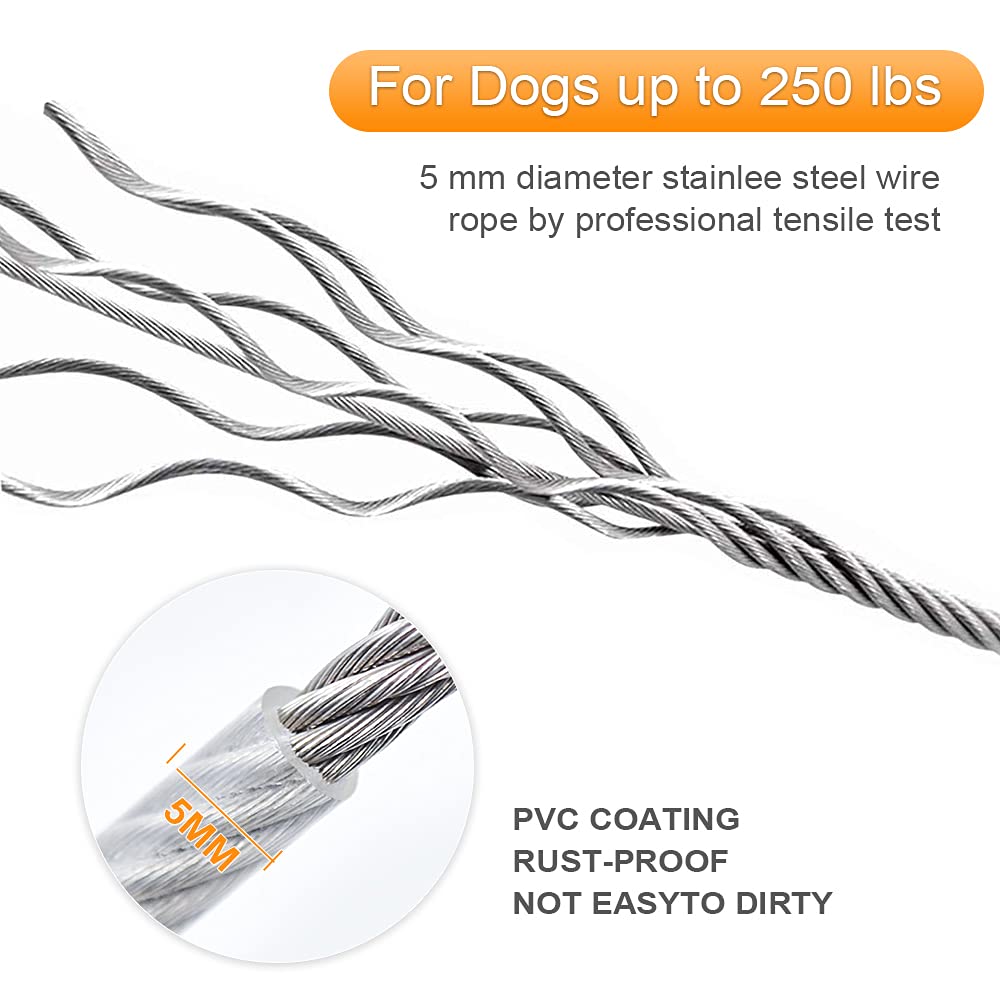 30FT Reflective Dog Tie Out Cable for Dogs Up to 250 Pounds, Steel Wire Dog Leash Cable with Stainless Dual Fix Buckle, Lightweight and Enduring, Dog Chains Outside for Outdoor,Yard,Camping