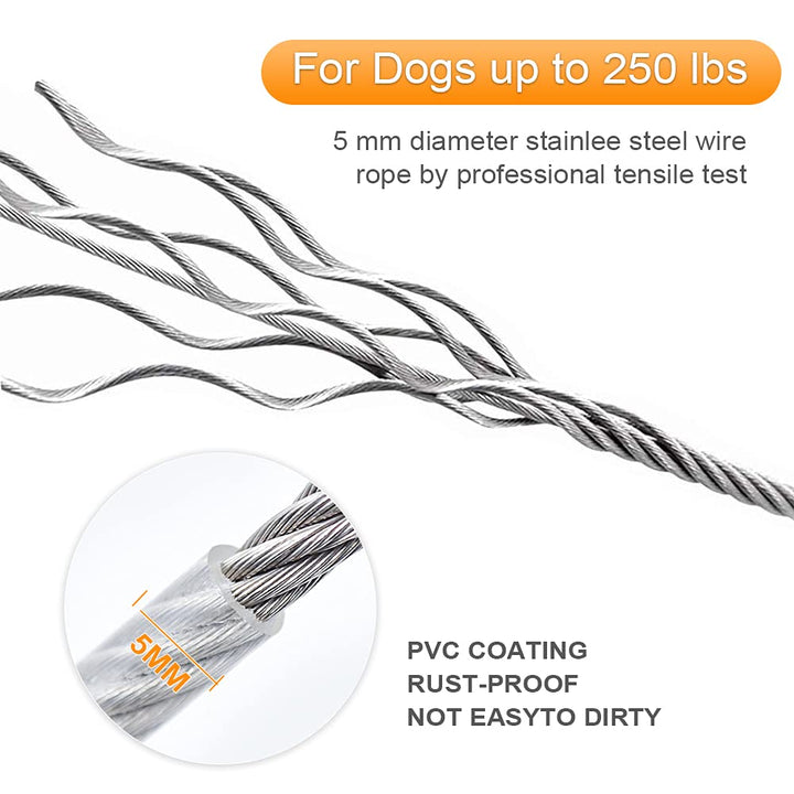 30FT Reflective Dog Tie Out Cable for Dogs Up to 250 Pounds, Steel Wire Dog Leash Cable with Stainless Dual Fix Buckle, Lightweight and Enduring, Dog Chains Outside for Outdoor,Yard,Camping