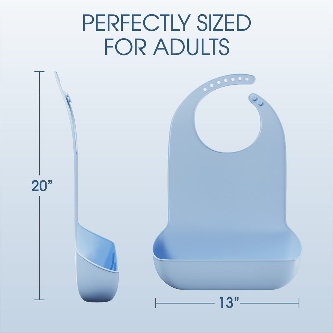 Adult Bibs for Elderly - Comfortable and Easy to Clean Silicone Bibs for Adults with Easy to Use Button Closure and Bottom Crumb/Liquid Catcher, Dishwasher Safe
